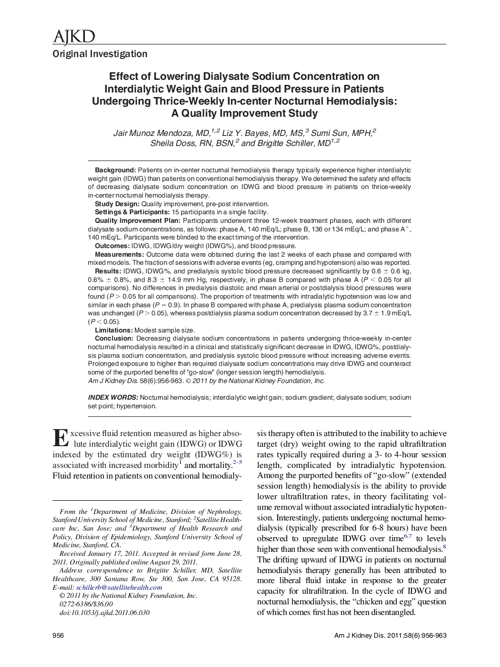 Effect of Lowering Dialysate Sodium Concentration on Interdialytic Weight Gain and Blood Pressure in Patients Undergoing Thrice-Weekly In-center Nocturnal Hemodialysis: A Quality Improvement Study