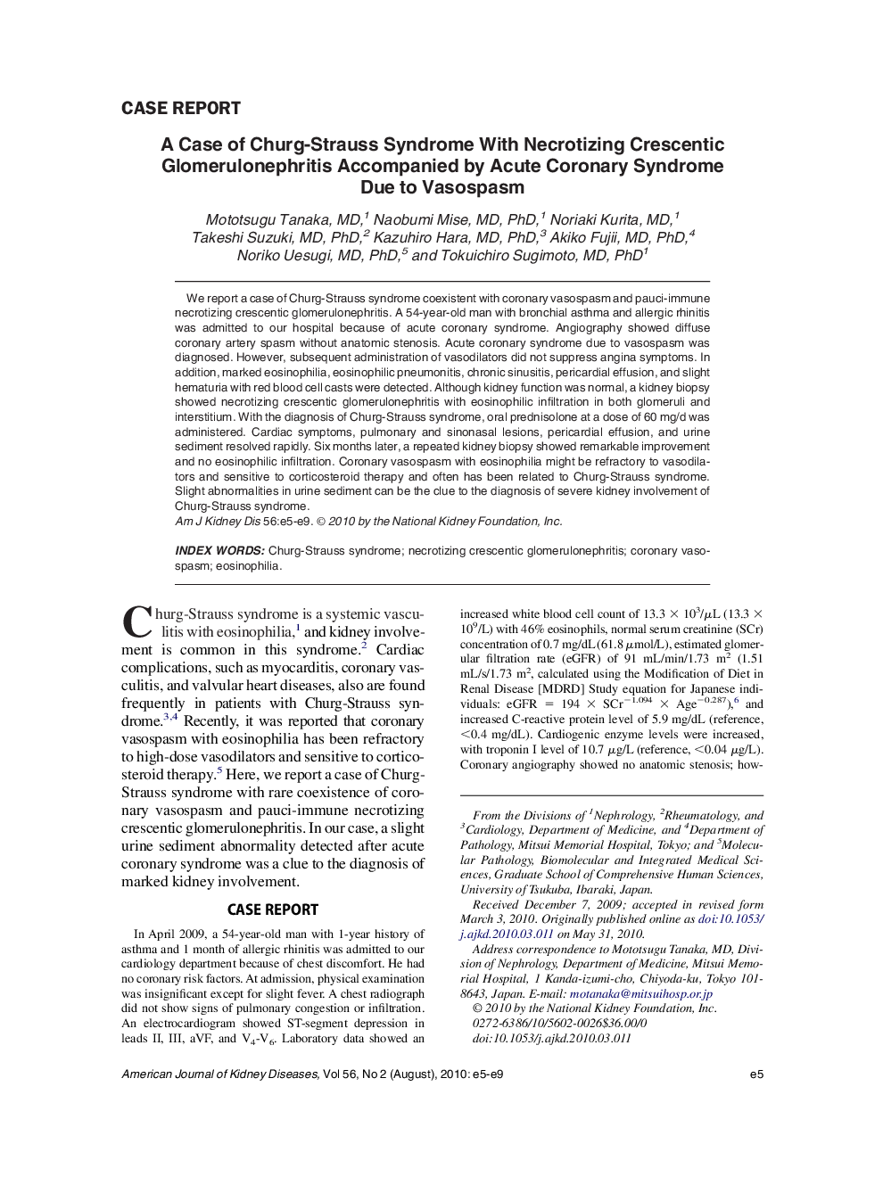 A Case of Churg-Strauss Syndrome With Necrotizing Crescentic Glomerulonephritis Accompanied by Acute Coronary Syndrome Due to Vasospasm