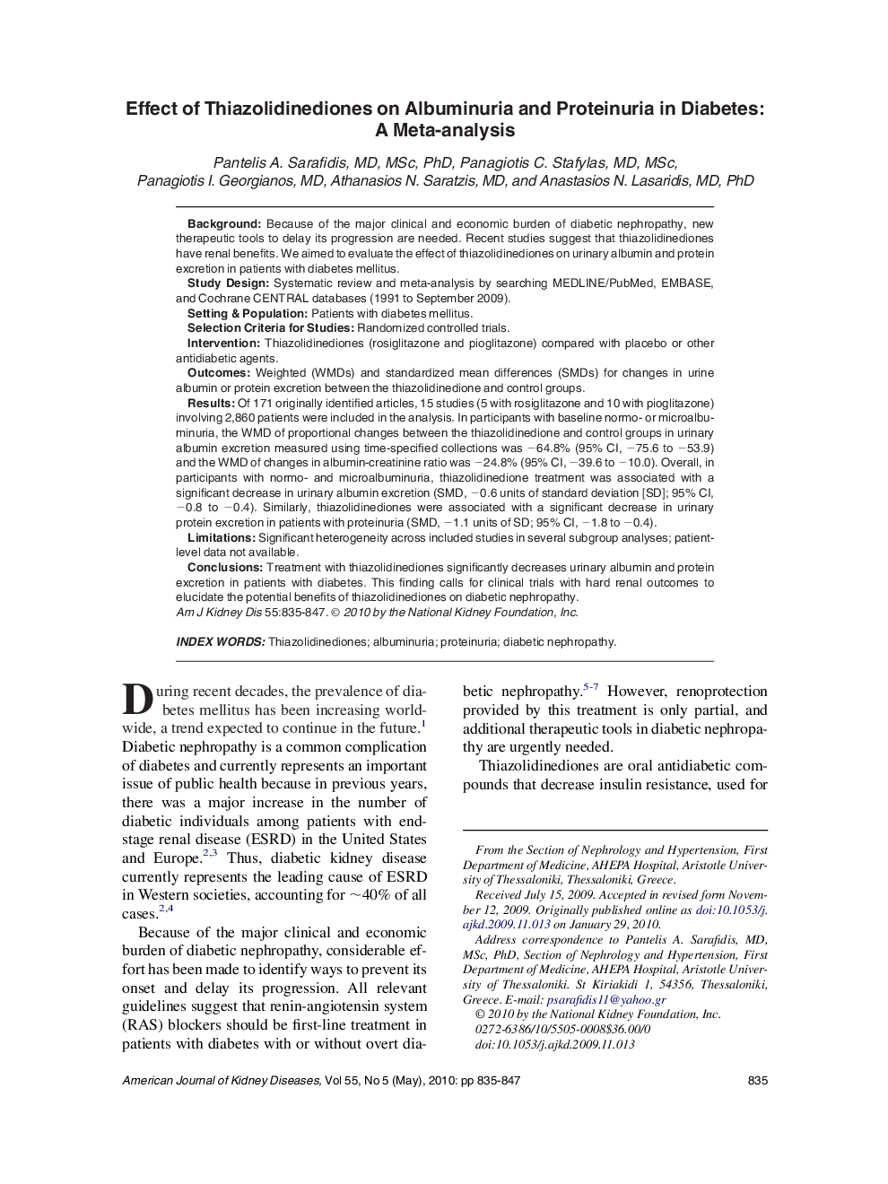 Effect of Thiazolidinediones on Albuminuria and Proteinuria in Diabetes: A Meta-analysis