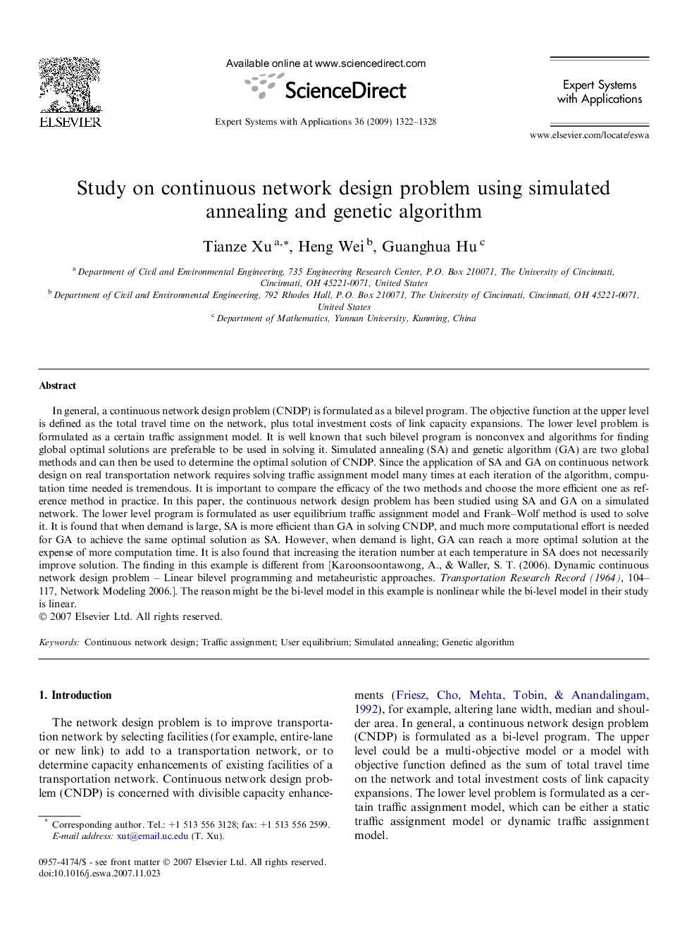 Study on continuous network design problem using simulated annealing and genetic algorithm