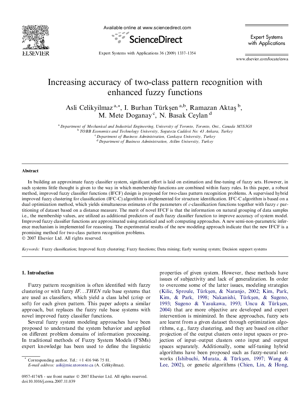 Increasing accuracy of two-class pattern recognition with enhanced fuzzy functions