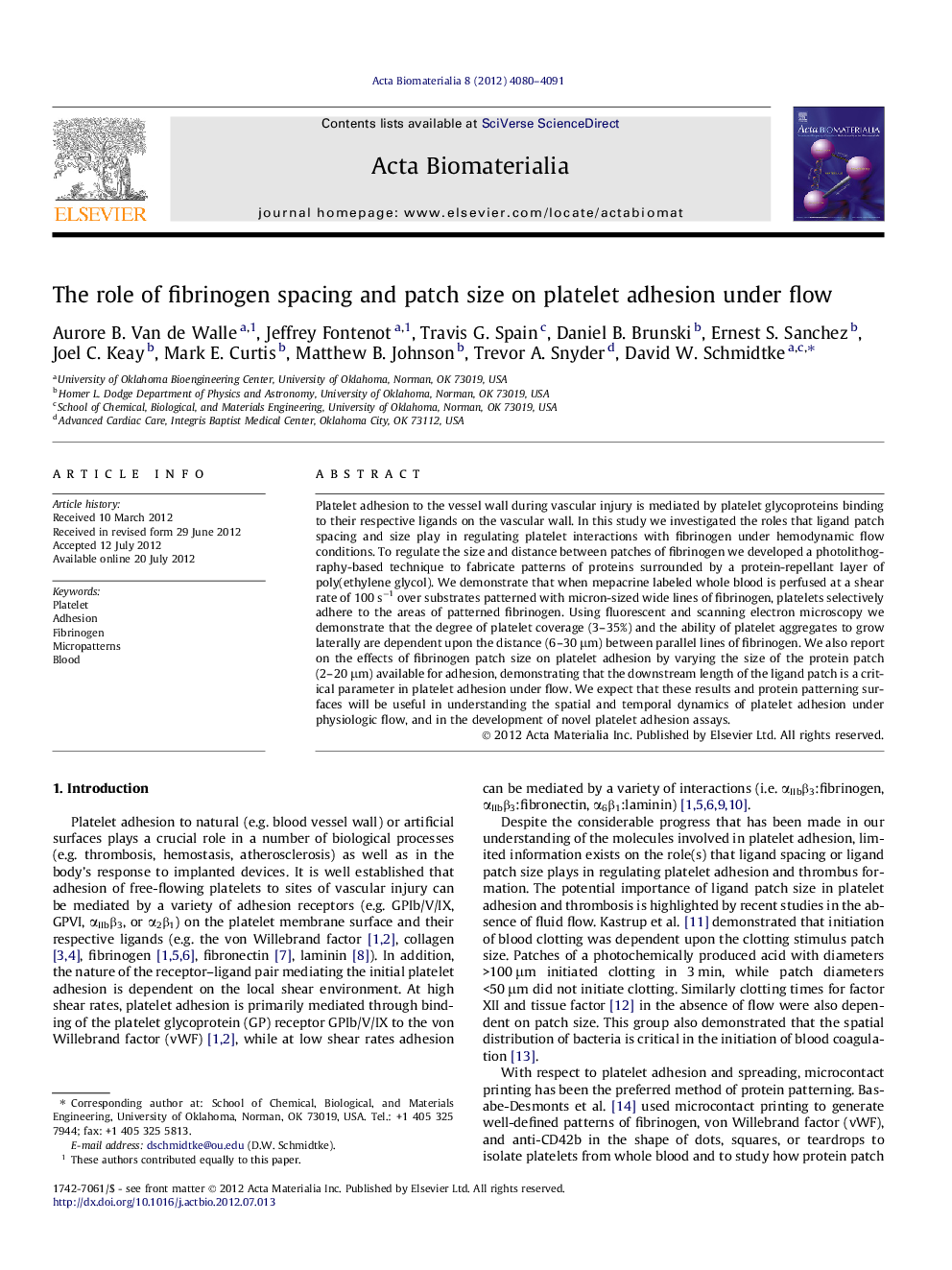 The role of fibrinogen spacing and patch size on platelet adhesion under flow