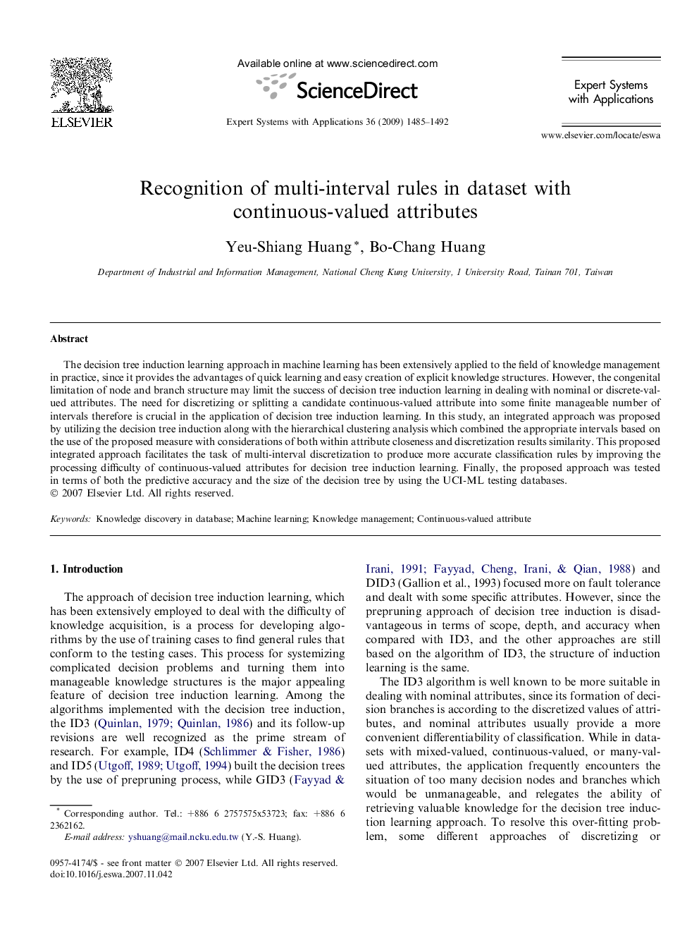 Recognition of multi-interval rules in dataset with continuous-valued attributes