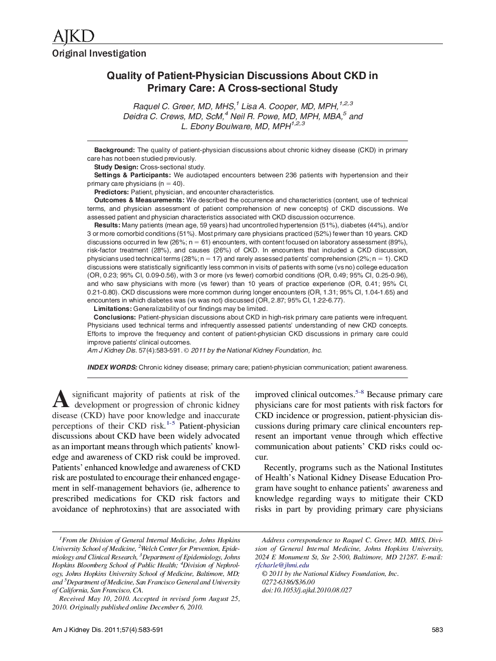 Quality of Patient-Physician Discussions About CKD in Primary Care: A Cross-sectional Study