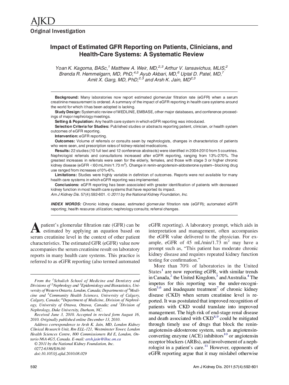 Impact of Estimated GFR Reporting on Patients, Clinicians, and Health-Care Systems: A Systematic Review