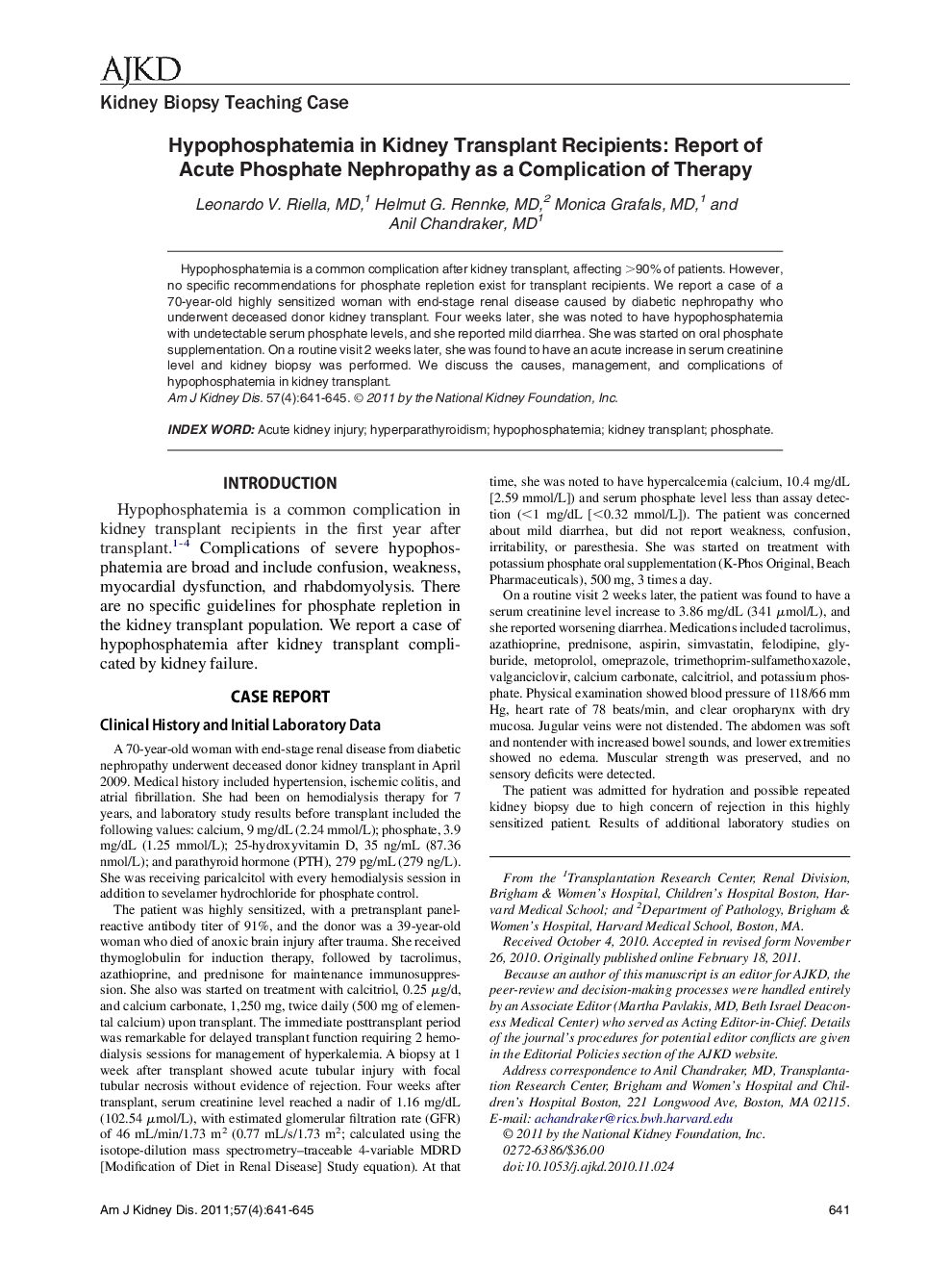 Hypophosphatemia in Kidney Transplant Recipients: Report of Acute Phosphate Nephropathy as a Complication of Therapy