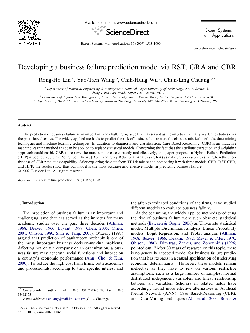 Developing a business failure prediction model via RST, GRA and CBR