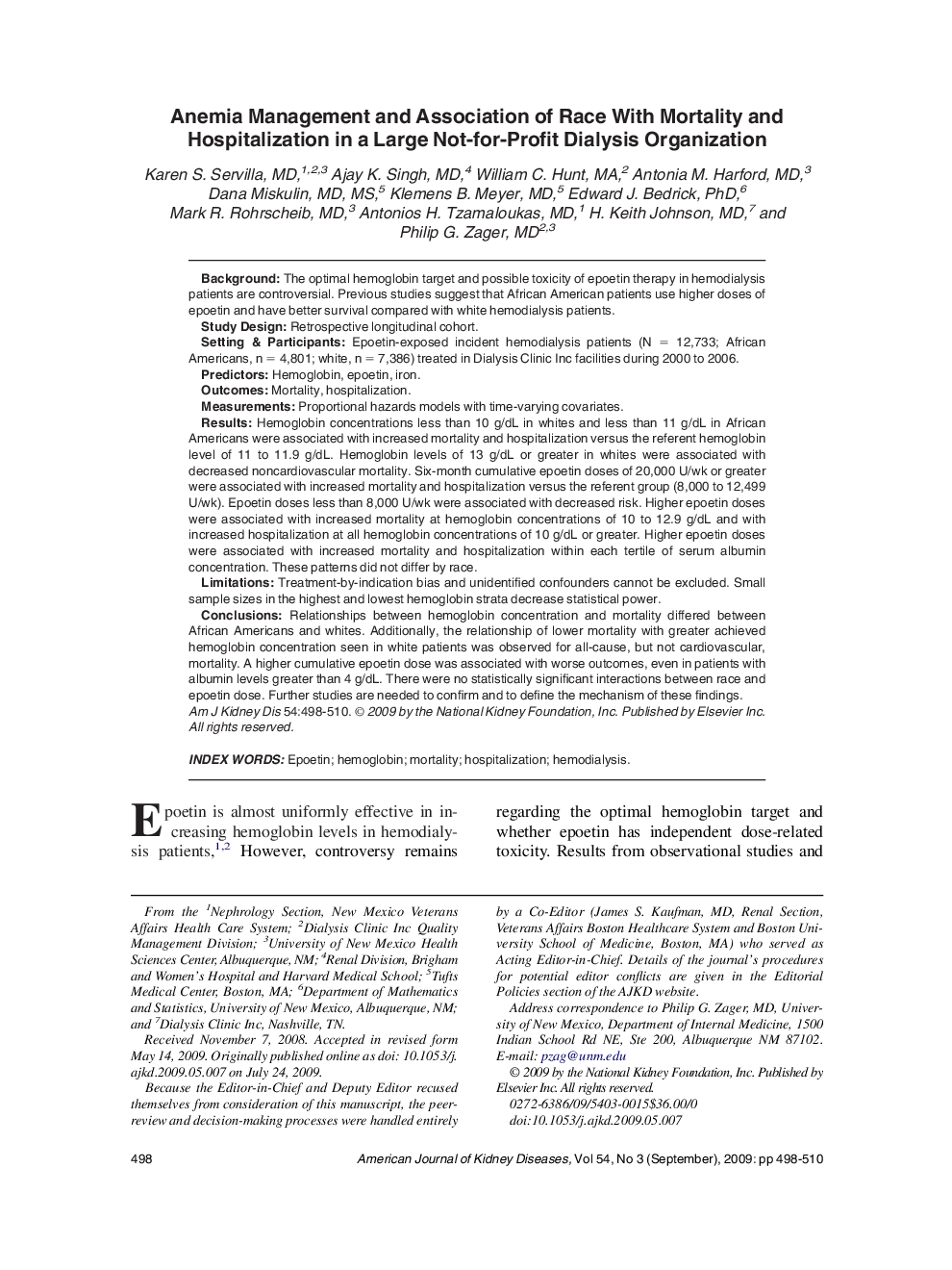 Anemia Management and Association of Race With Mortality and Hospitalization in a Large Not-for-Profit Dialysis Organization