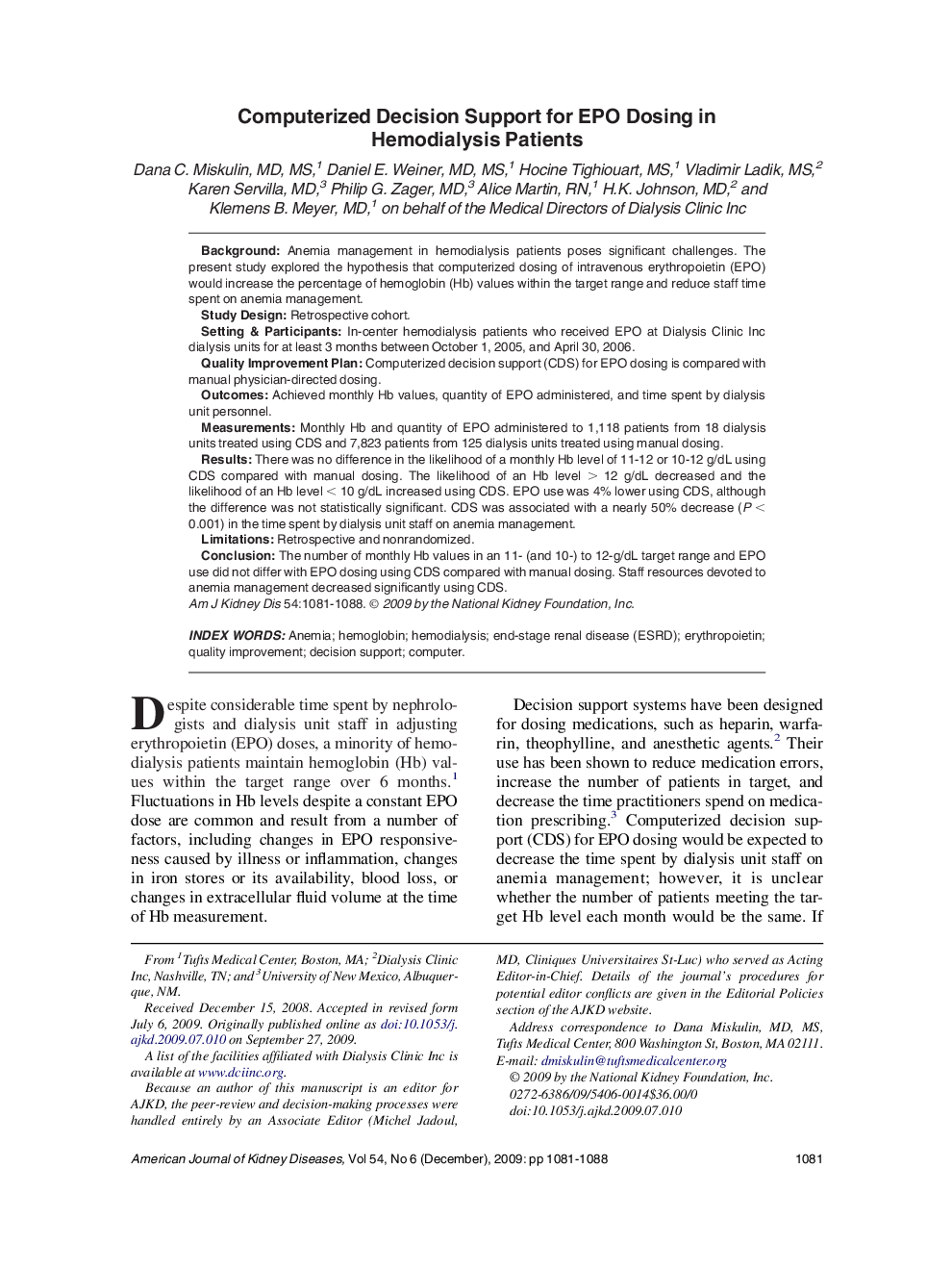 Computerized Decision Support for EPO Dosing in Hemodialysis Patients