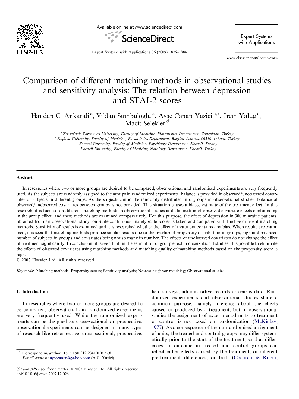 Comparison of different matching methods in observational studies and sensitivity analysis: The relation between depression and STAI-2 scores