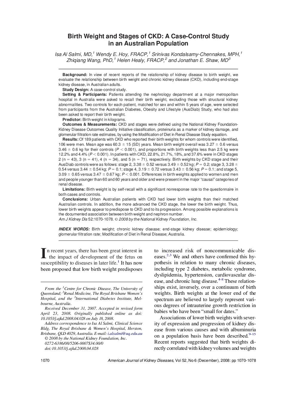 Birth Weight and Stages of CKD: A Case-Control Study in an Australian Population