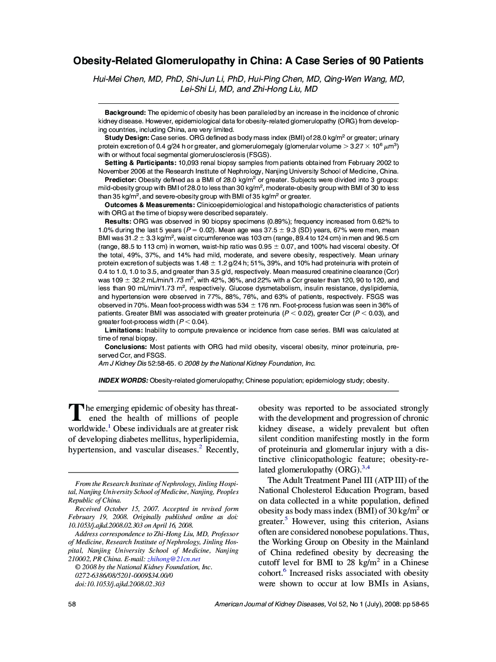 Obesity-Related Glomerulopathy in China: A Case Series of 90 Patients