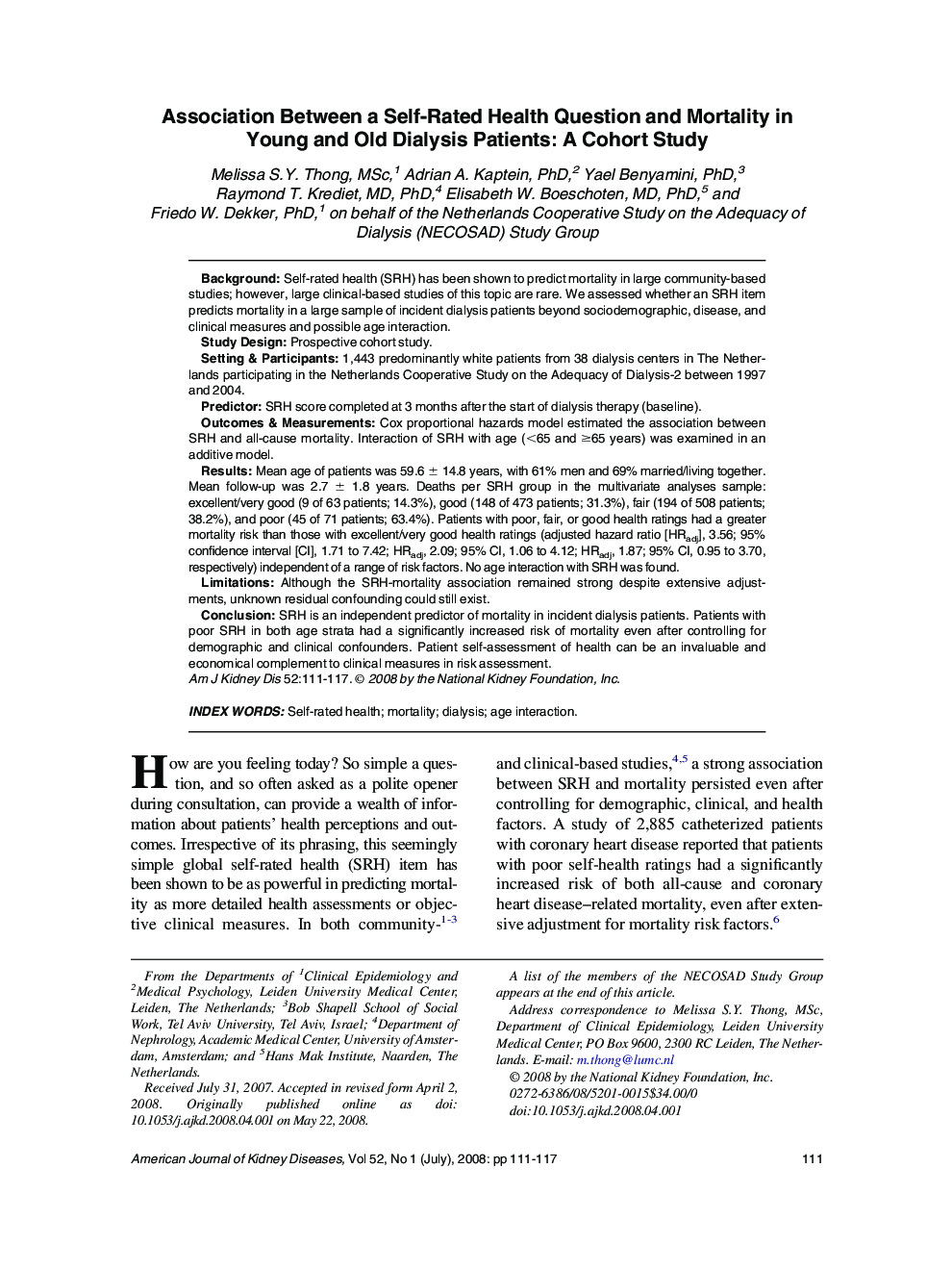 Association Between a Self-Rated Health Question and Mortality in Young and Old Dialysis Patients: A Cohort Study