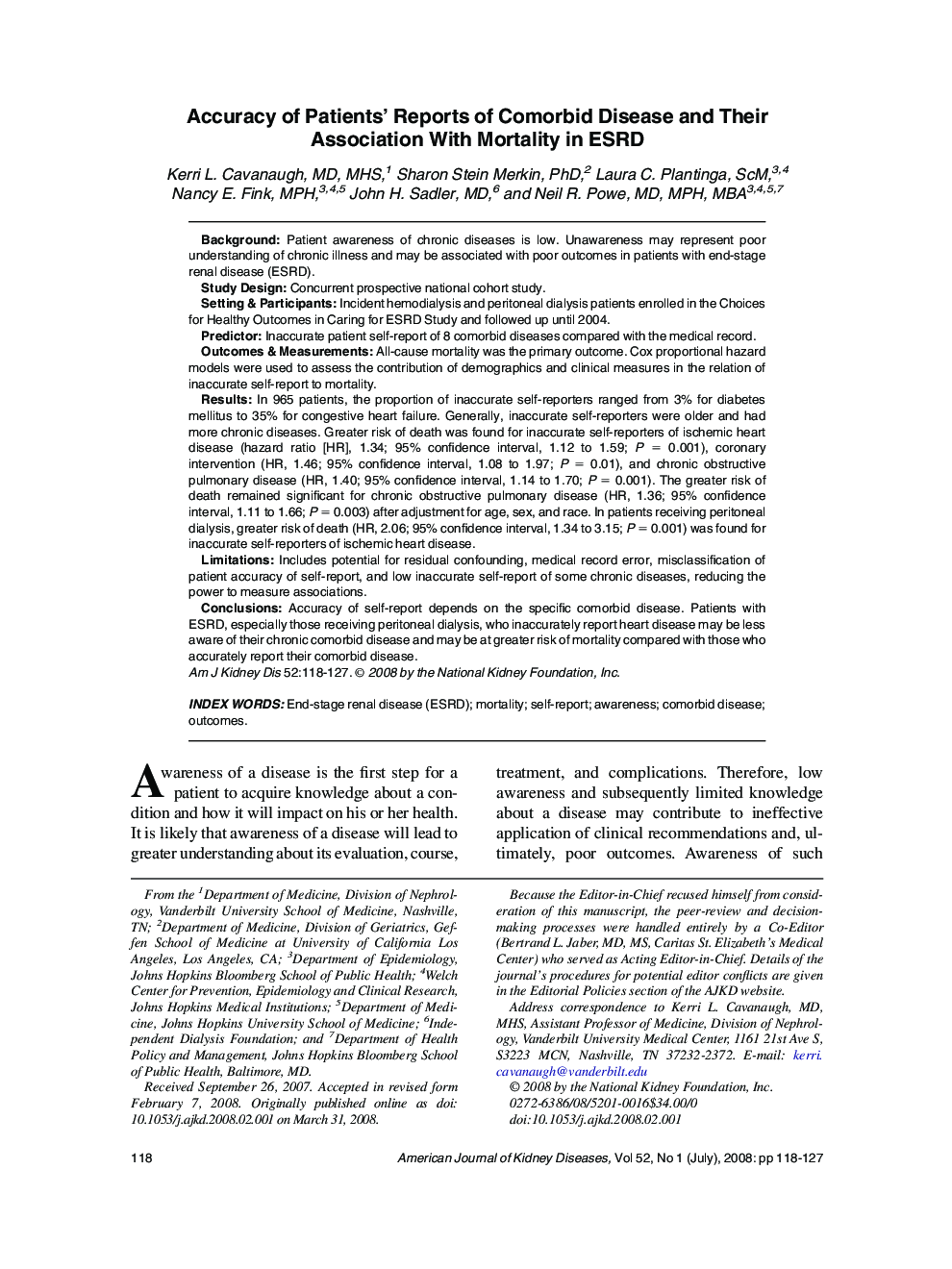 Accuracy of Patients' Reports of Comorbid Disease and Their Association With Mortality in ESRD