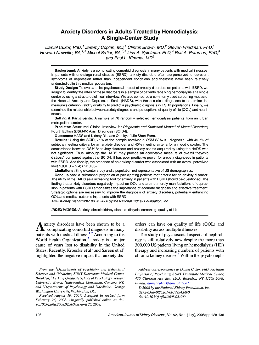 Anxiety Disorders in Adults Treated by Hemodialysis: A Single-Center Study