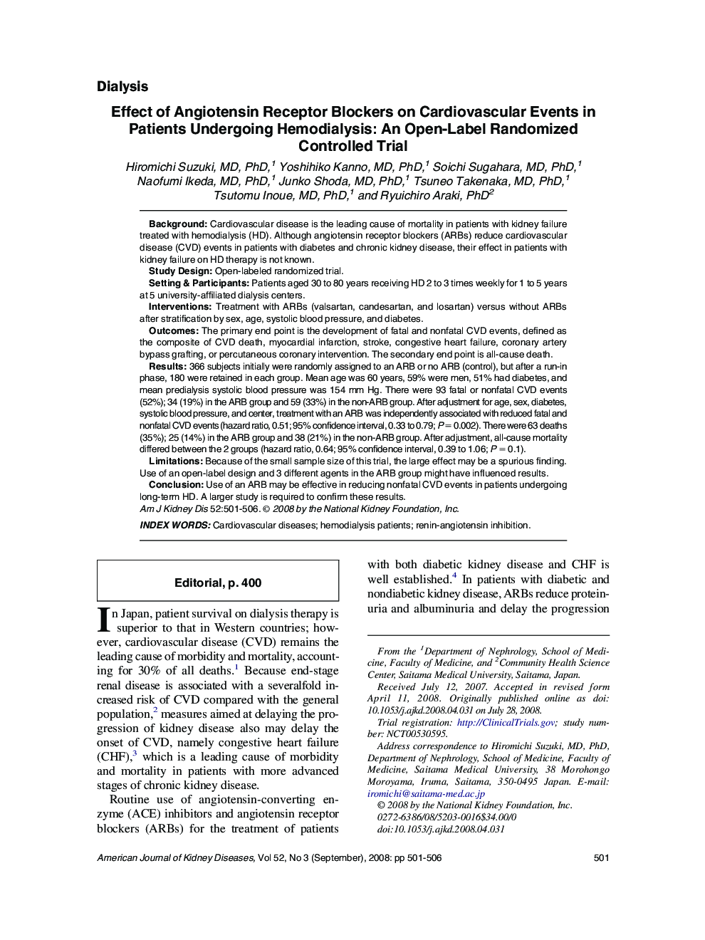 Effect of Angiotensin Receptor Blockers on Cardiovascular Events in Patients Undergoing Hemodialysis: An Open-Label Randomized Controlled Trial