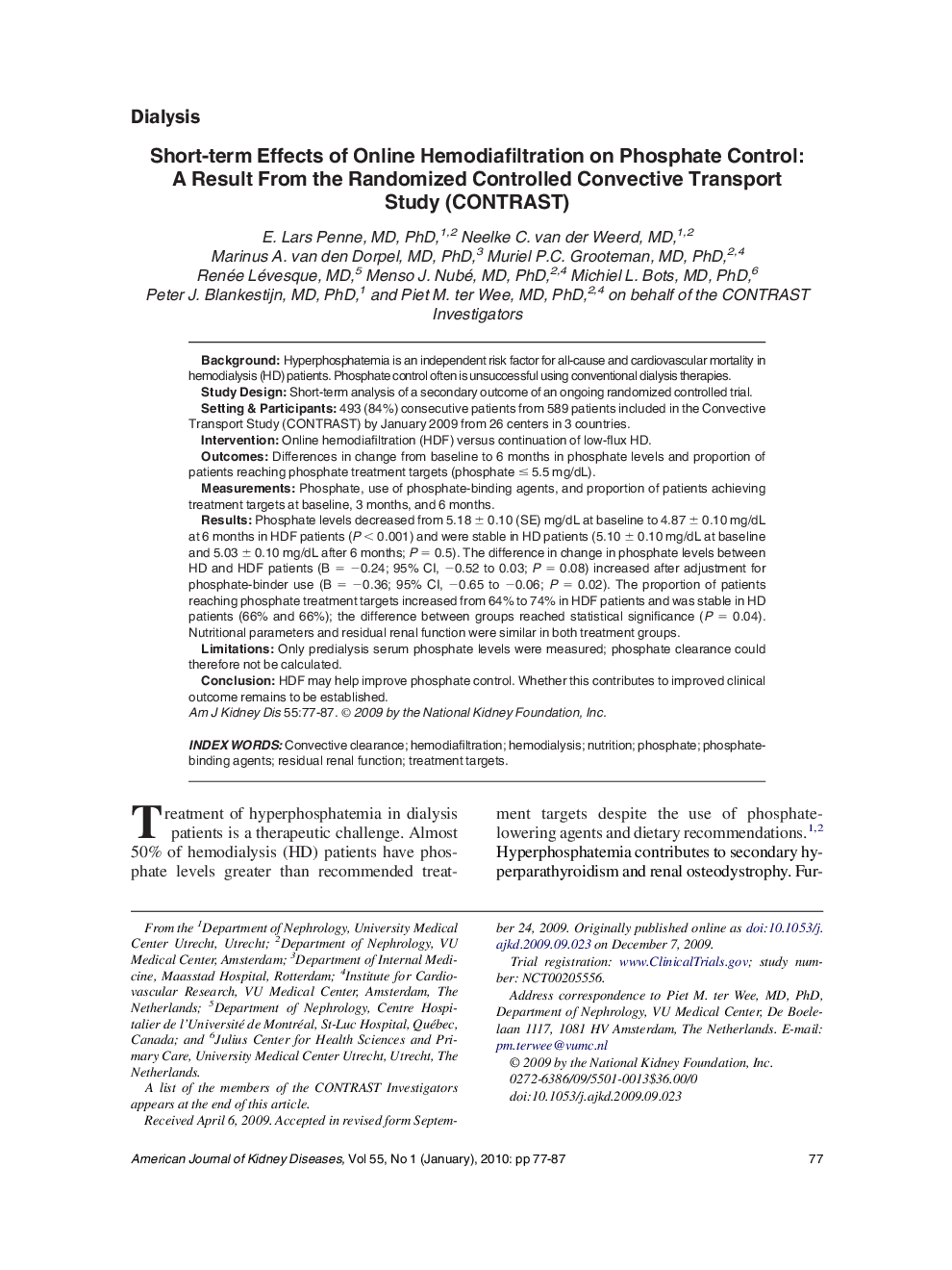 Short-term Effects of Online Hemodiafiltration on Phosphate Control: A Result From the Randomized Controlled Convective Transport Study (CONTRAST)