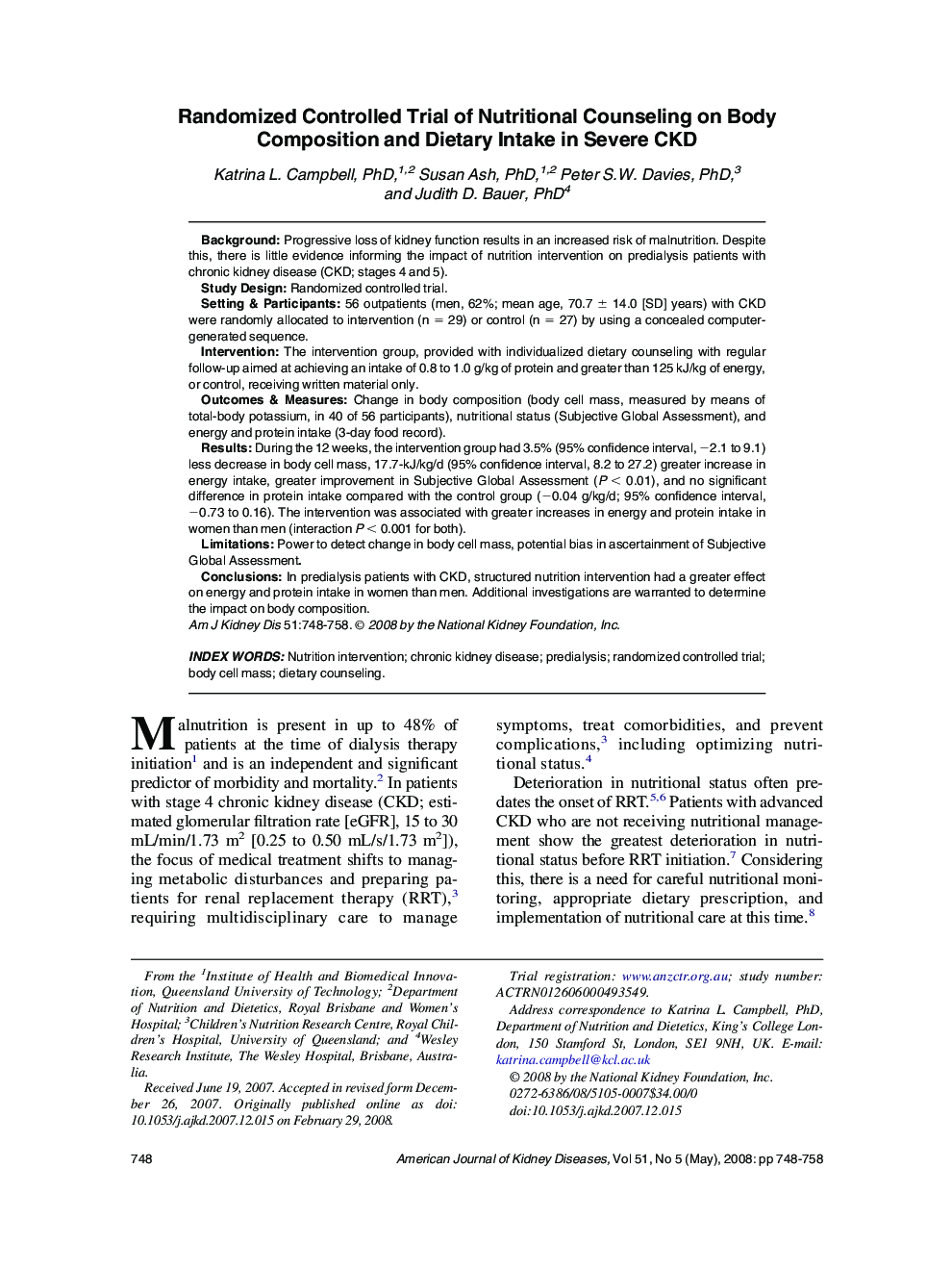 عکس صفحه اول مقاله: Randomized Controlled Trial of Nutritional Counseling on Body Composition and Dietary Intake in Severe CKD Randomized Controlled Trial of Nutritional Counseling on Body Composition and Dietary Intake in Severe CKD