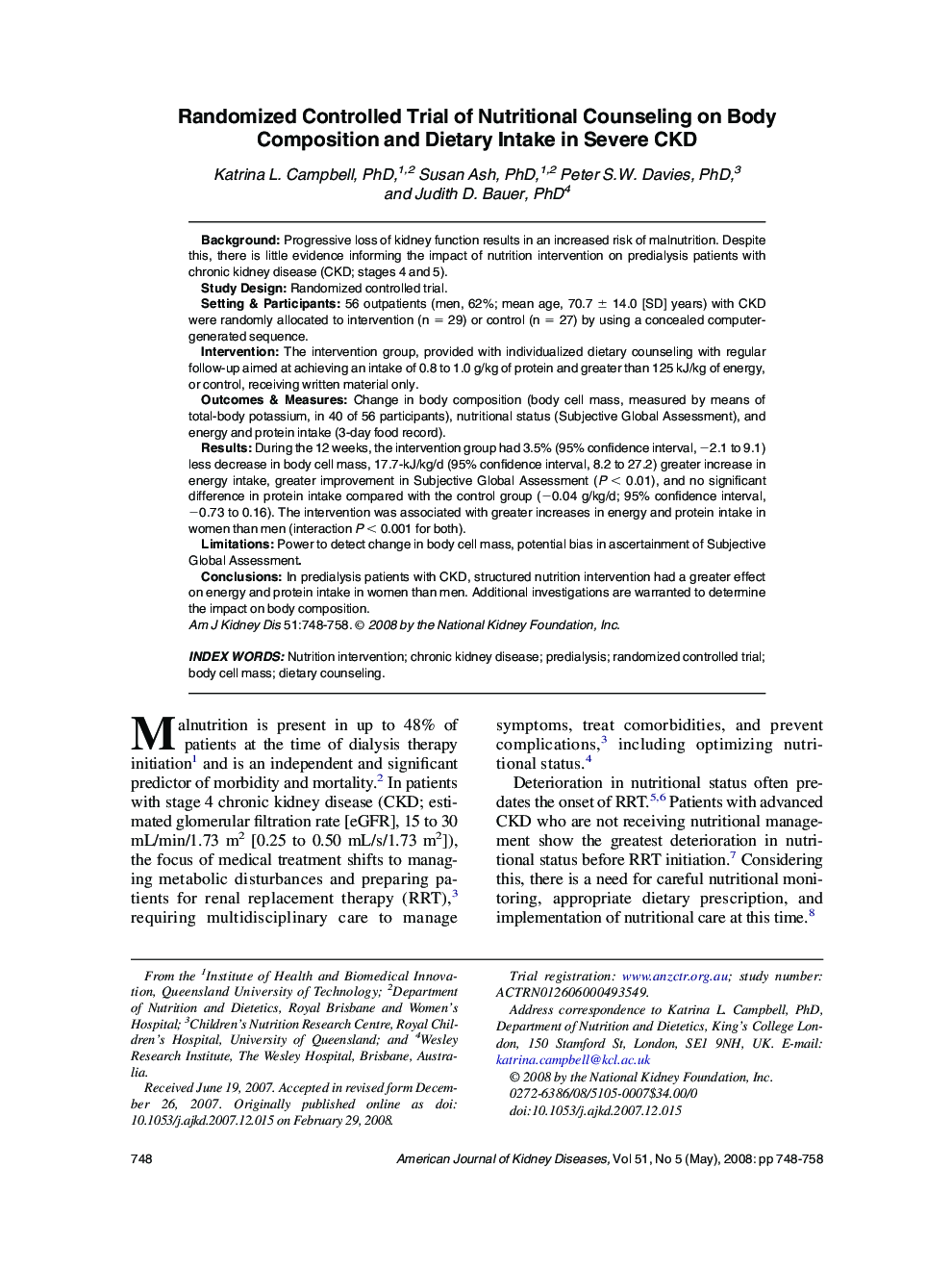 Randomized Controlled Trial of Nutritional Counseling on Body Composition and Dietary Intake in Severe CKD