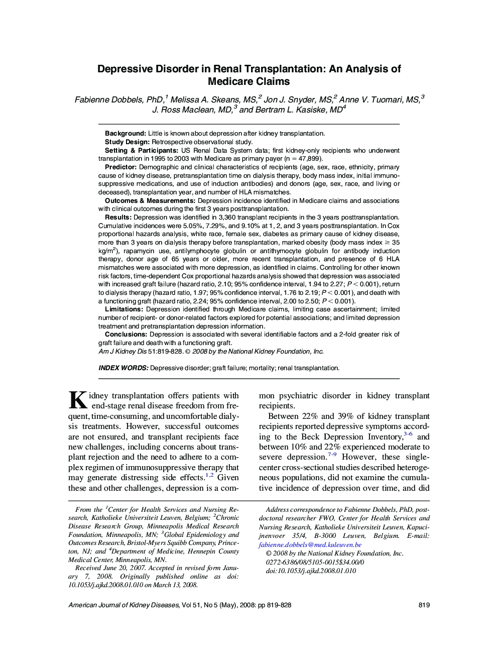 عکس صفحه اول مقاله: Depressive Disorder in Renal Transplantation: An Analysis of Medicare Claims Depressive Disorder in Renal Transplantation: An Analysis of Medicare Claims