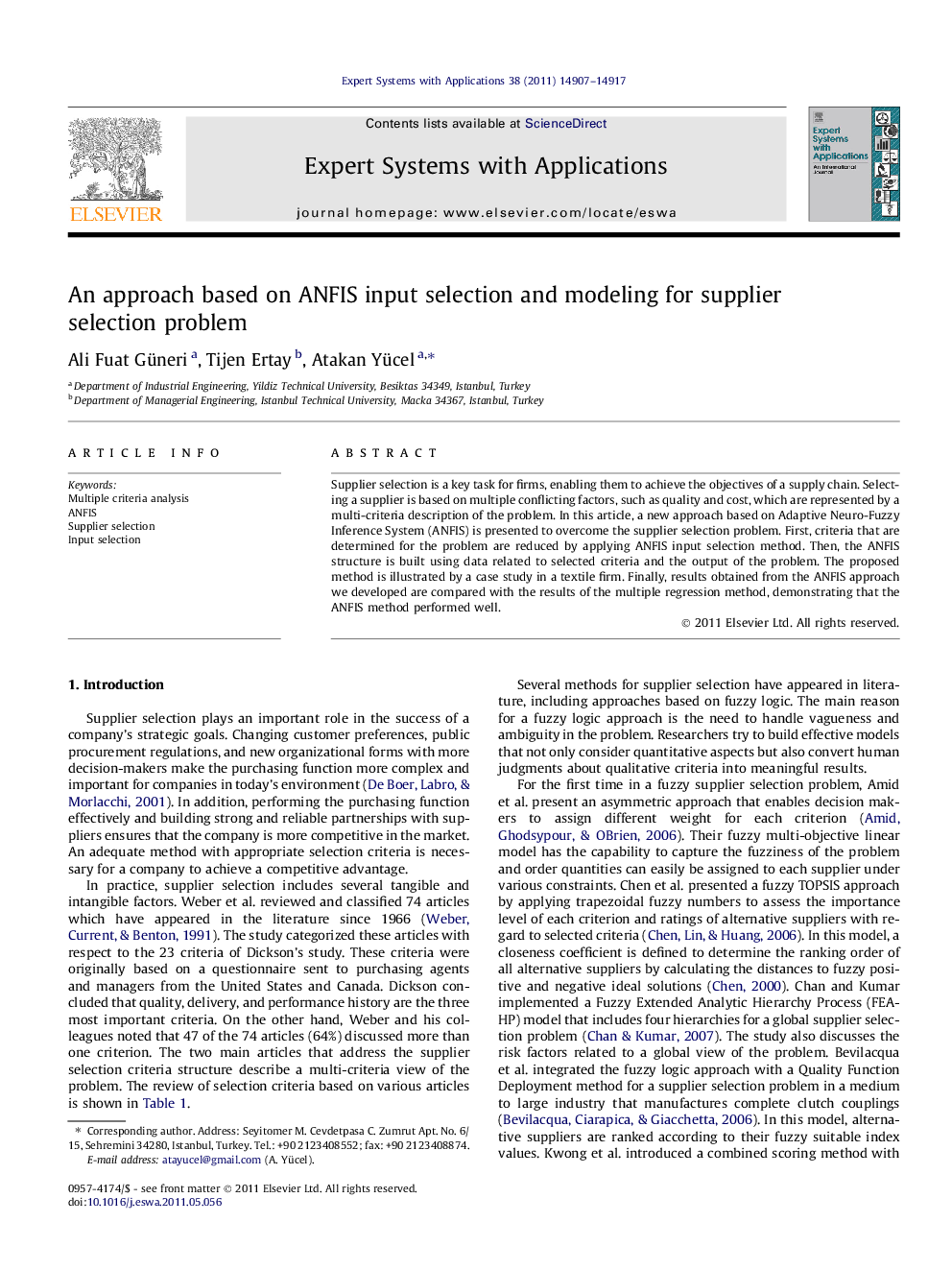 An approach based on ANFIS input selection and modeling for supplier selection problem