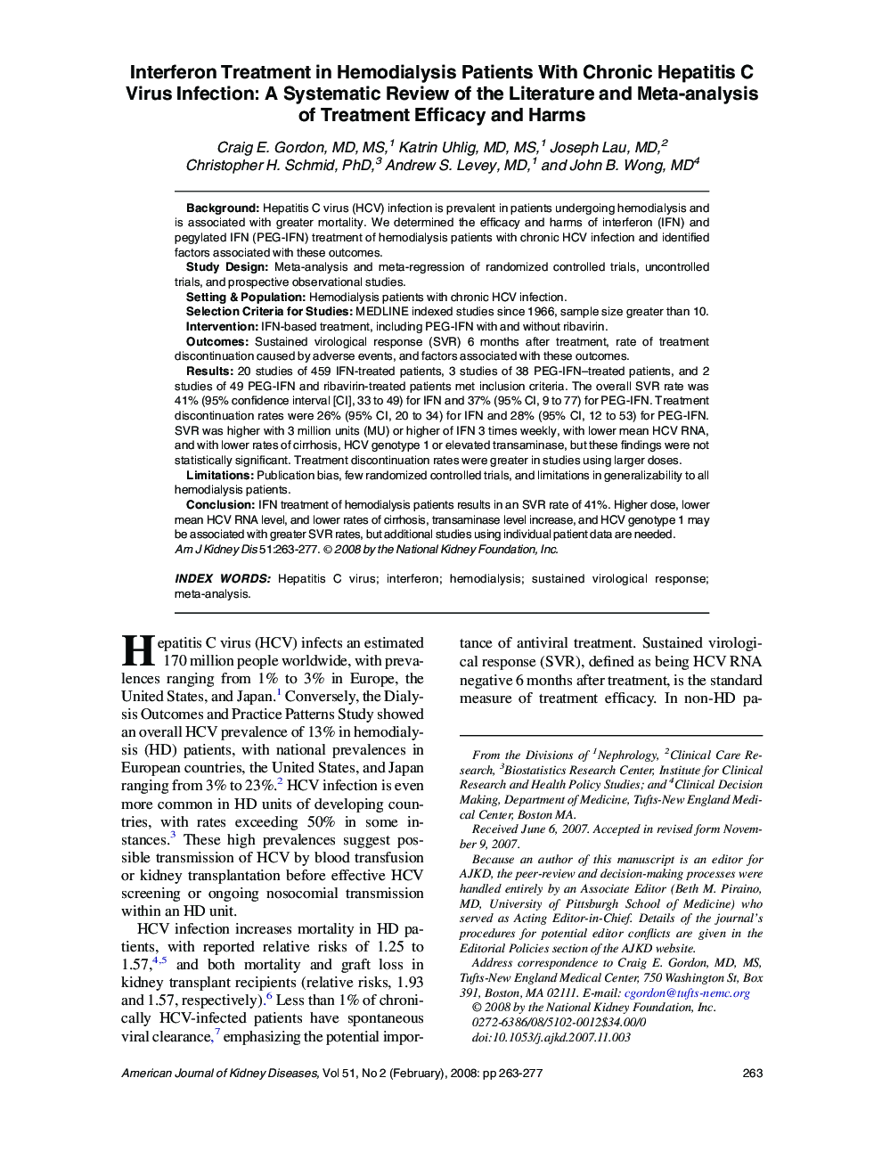 Interferon Treatment in Hemodialysis Patients With Chronic Hepatitis C Virus Infection: A Systematic Review of the Literature and Meta-analysis of Treatment Efficacy and Harms