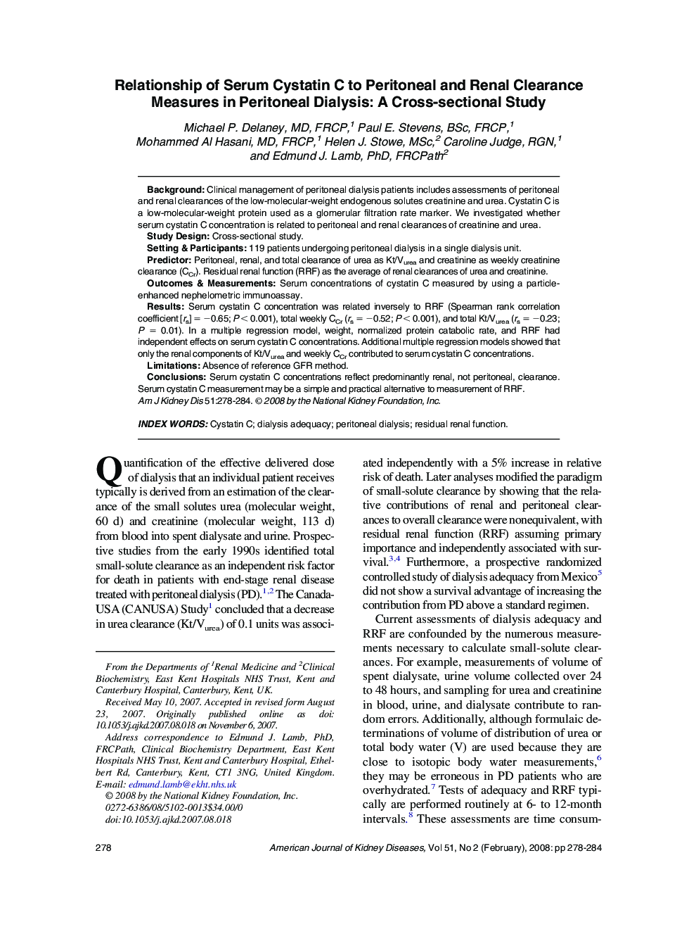 Relationship of Serum Cystatin C to Peritoneal and Renal Clearance Measures in Peritoneal Dialysis: A Cross-sectional Study