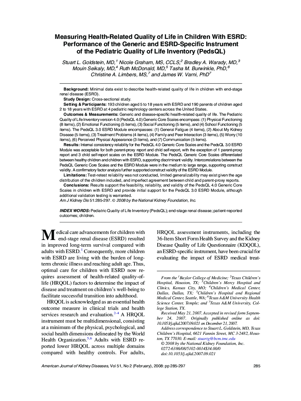 Measuring Health-Related Quality of Life in Children With ESRD: Performance of the Generic and ESRD-Specific Instrument of the Pediatric Quality of Life Inventory (PedsQL)