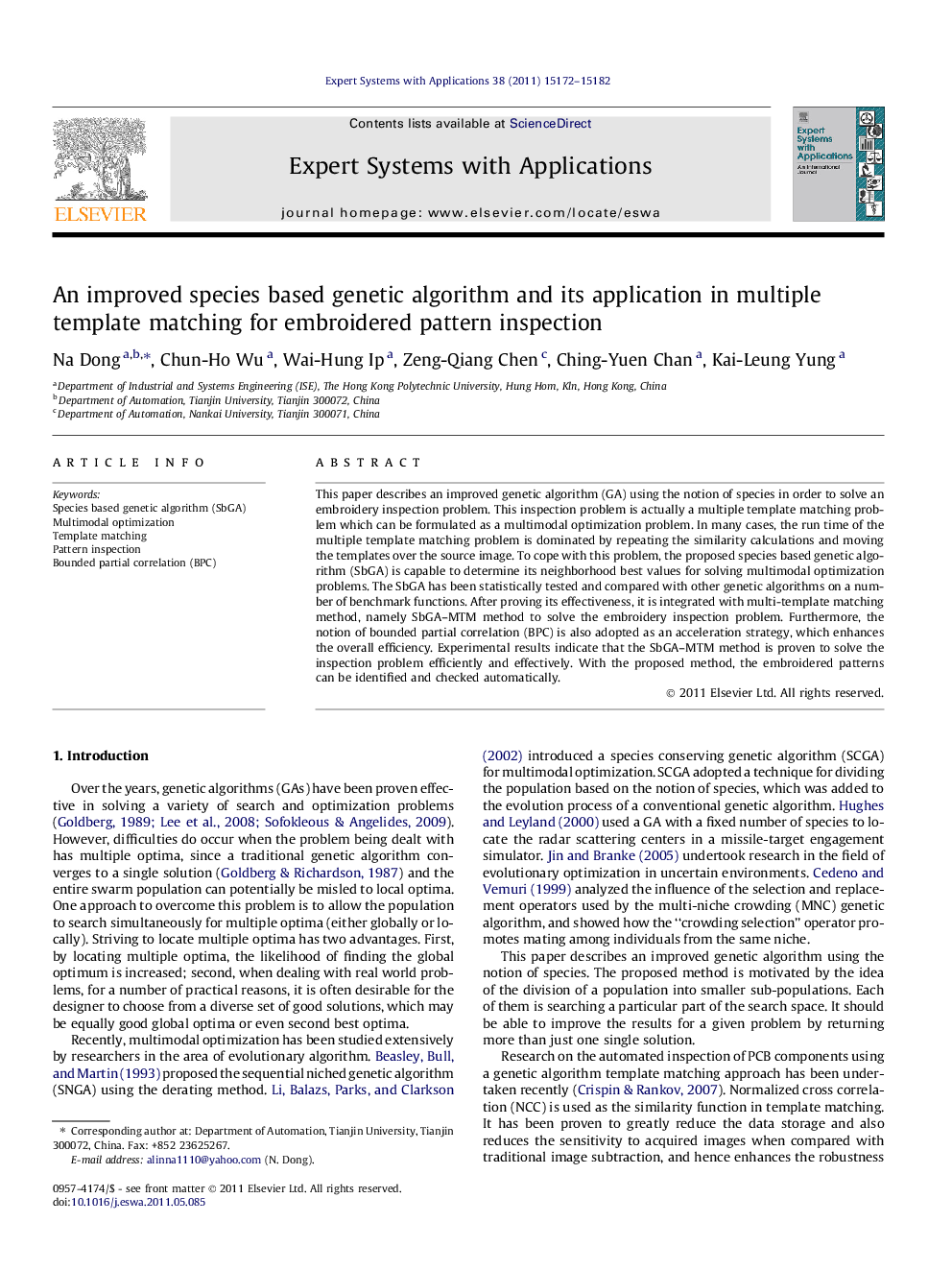 An improved species based genetic algorithm and its application in multiple template matching for embroidered pattern inspection