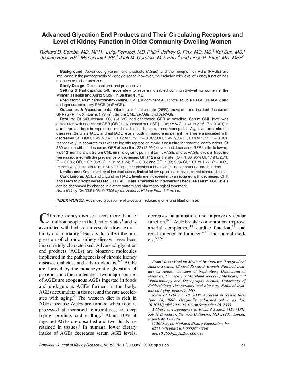 Advanced Glycation End Products and Their Circulating Receptors and Level of Kidney Function in Older Community-Dwelling Women
