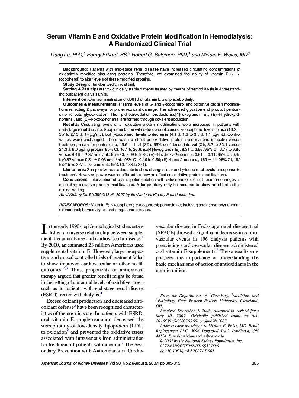Serum Vitamin E and Oxidative Protein Modification in Hemodialysis: A Randomized Clinical Trial