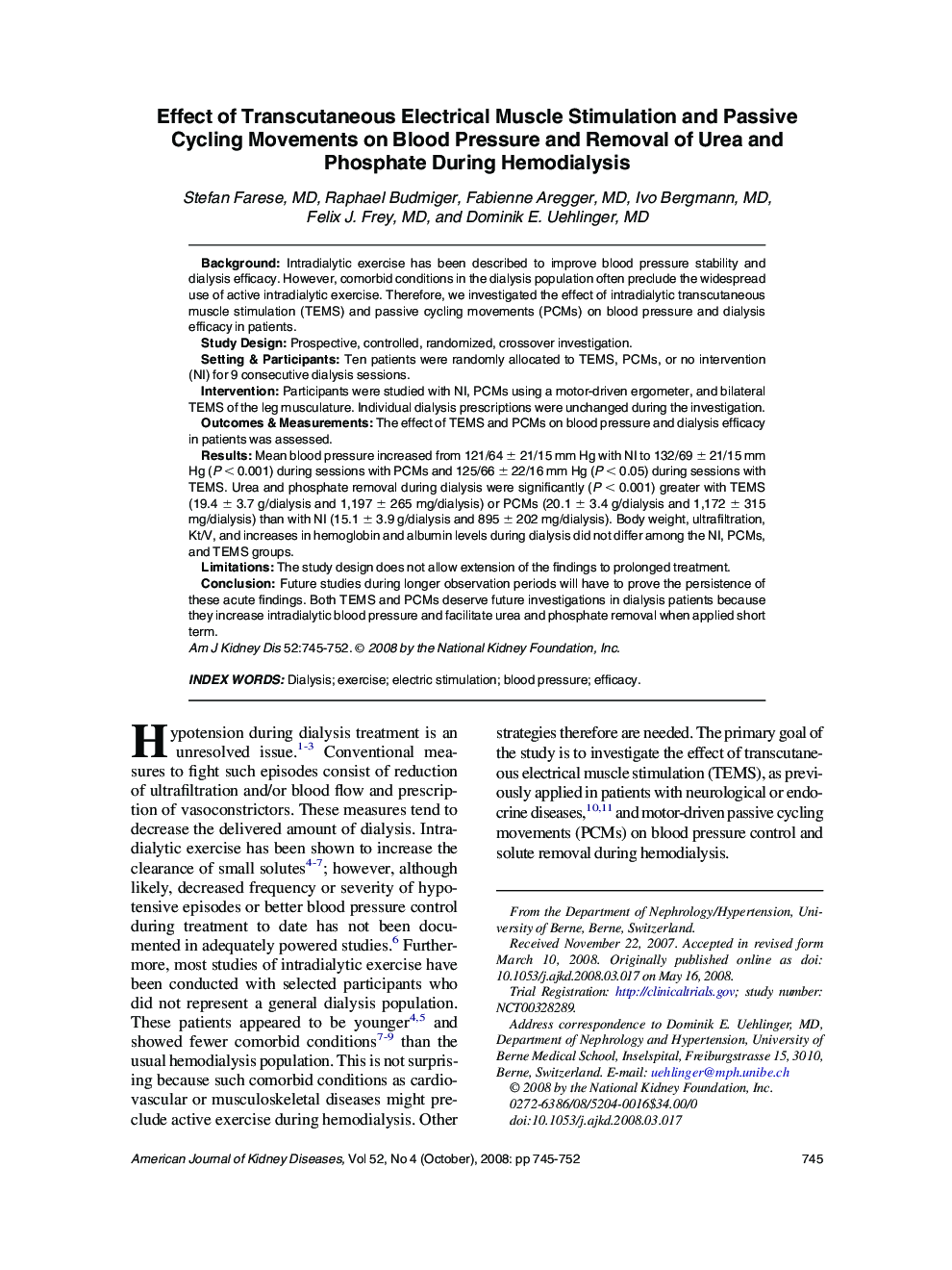 Effect of Transcutaneous Electrical Muscle Stimulation and Passive Cycling Movements on Blood Pressure and Removal of Urea and Phosphate During Hemodialysis