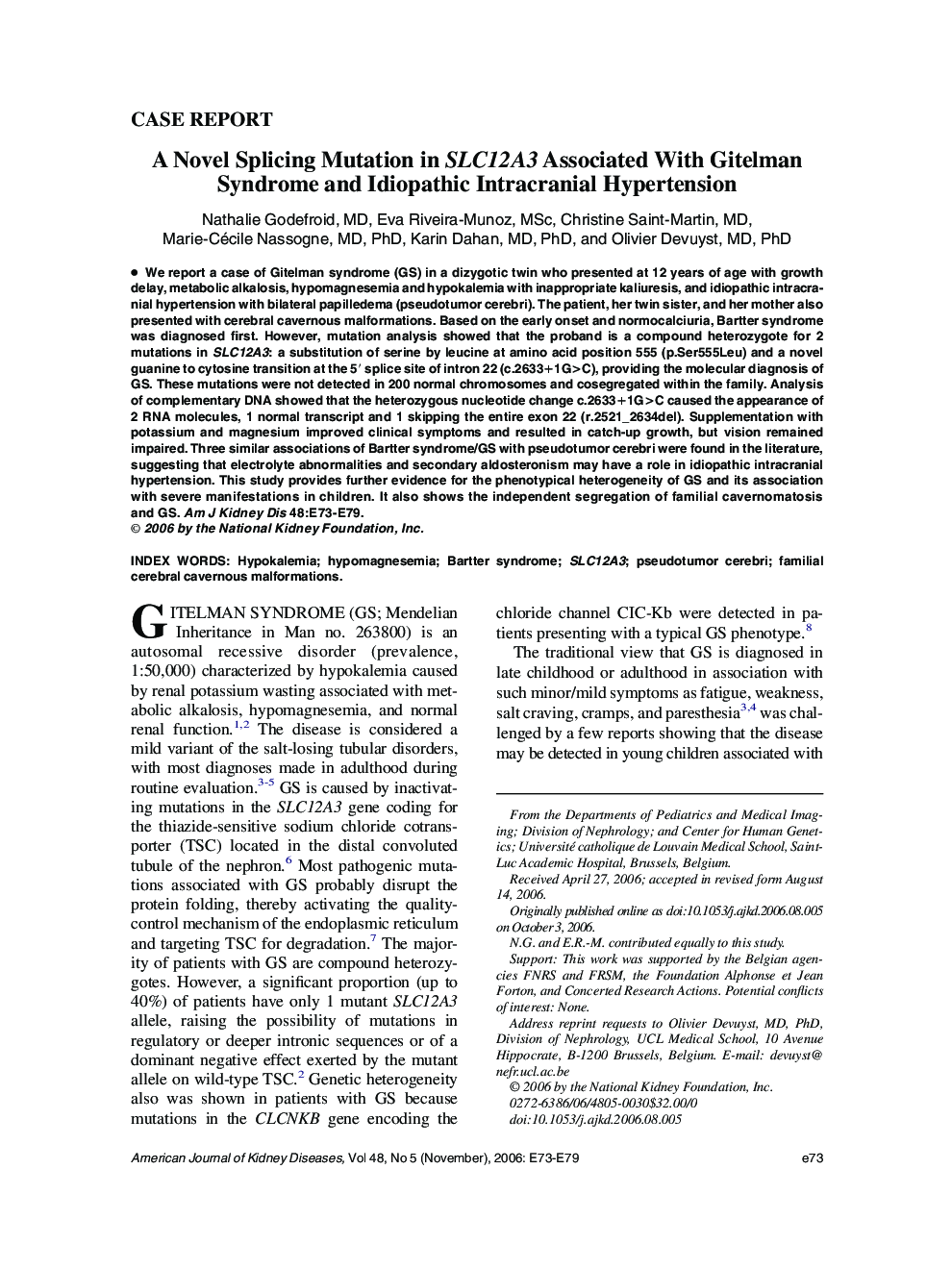 A Novel Splicing Mutation in SLC12A3 Associated With Gitelman Syndrome and Idiopathic Intracranial Hypertension