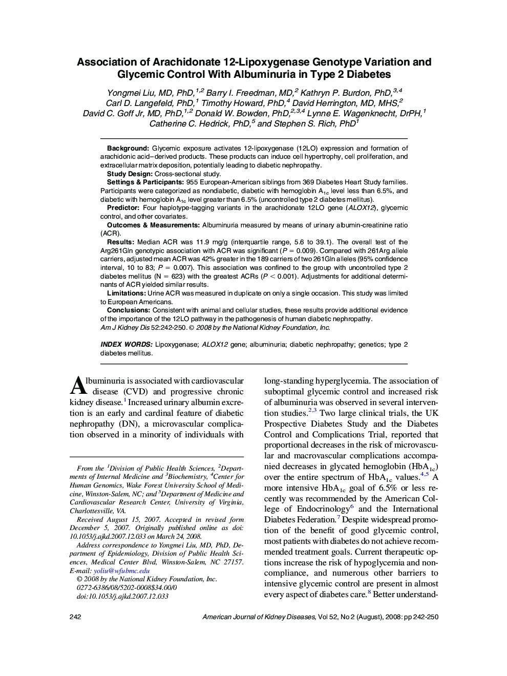 Association of Arachidonate 12-Lipoxygenase Genotype Variation and Glycemic Control With Albuminuria in Type 2 Diabetes