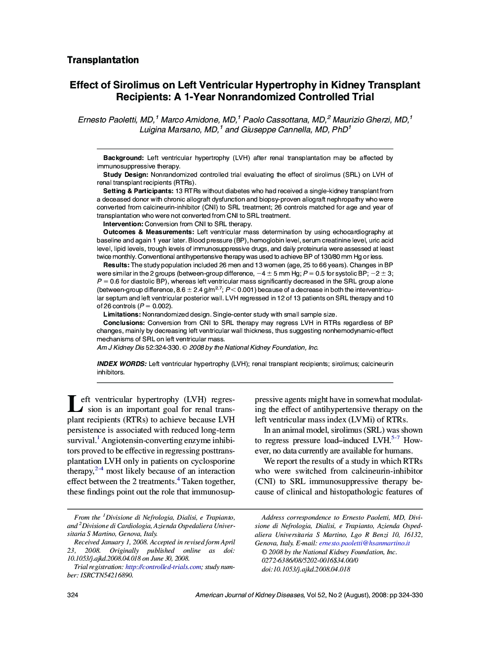 Effect of Sirolimus on Left Ventricular Hypertrophy in Kidney Transplant Recipients: A 1-Year Nonrandomized Controlled Trial