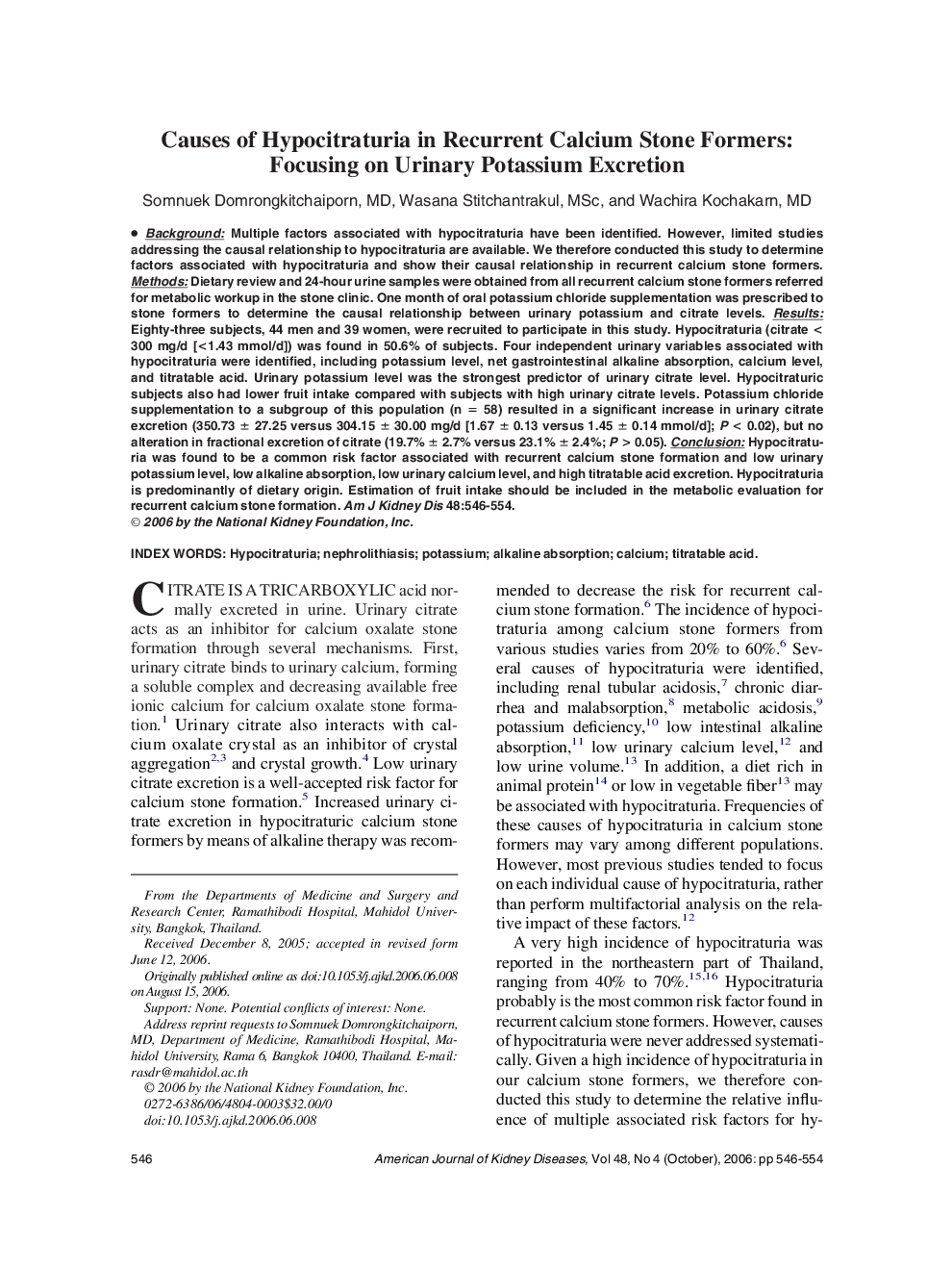 Causes of Hypocitraturia in Recurrent Calcium Stone Formers: Focusing on Urinary Potassium Excretion