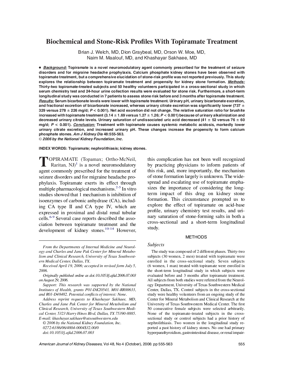 Biochemical and Stone-Risk Profiles With Topiramate Treatment