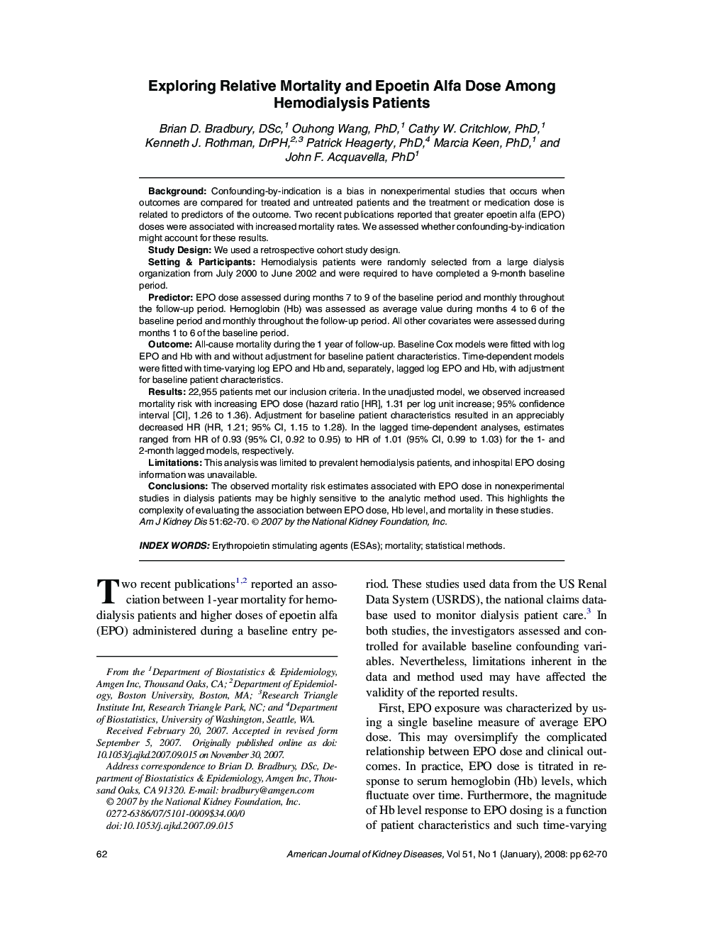 Exploring Relative Mortality and Epoetin Alfa Dose Among Hemodialysis Patients