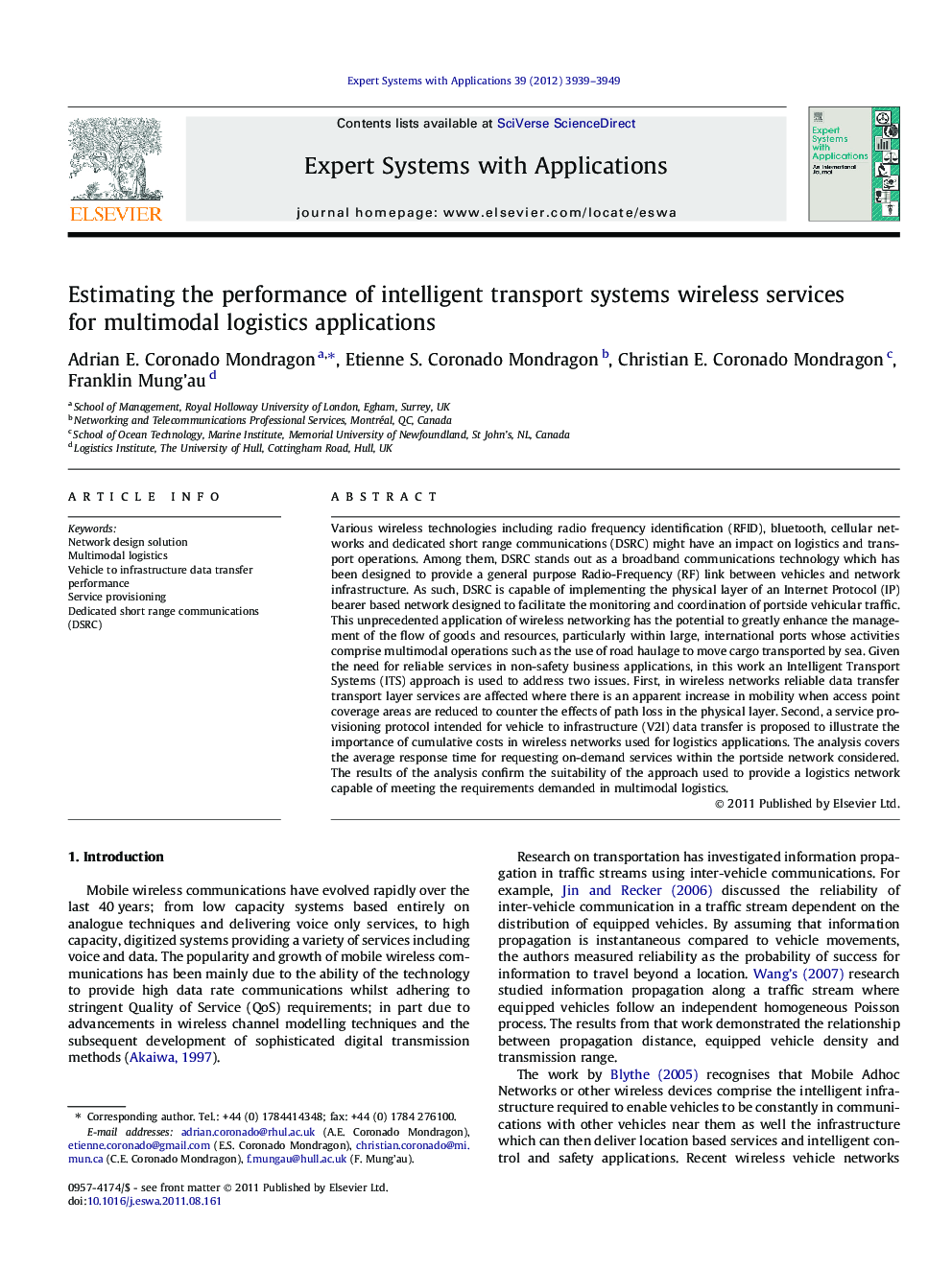 Estimating the performance of intelligent transport systems wireless services for multimodal logistics applications