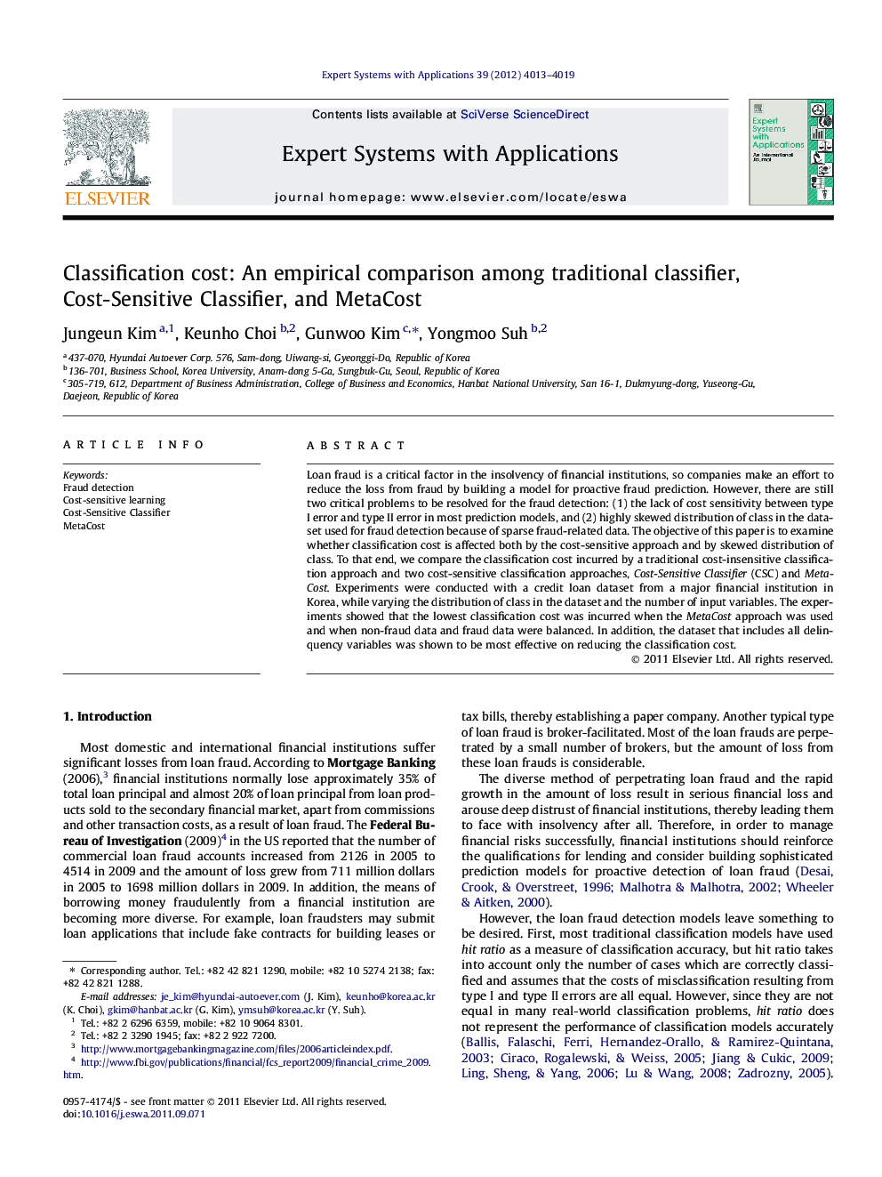 عکس صفحه اول مقاله: Classification cost: An empirical comparison among traditional classifier, Cost-Sensitive Classifier, and MetaCost Classification cost: An empirical comparison among traditional classifier, Cost-Sensitive Classifier, and MetaCost