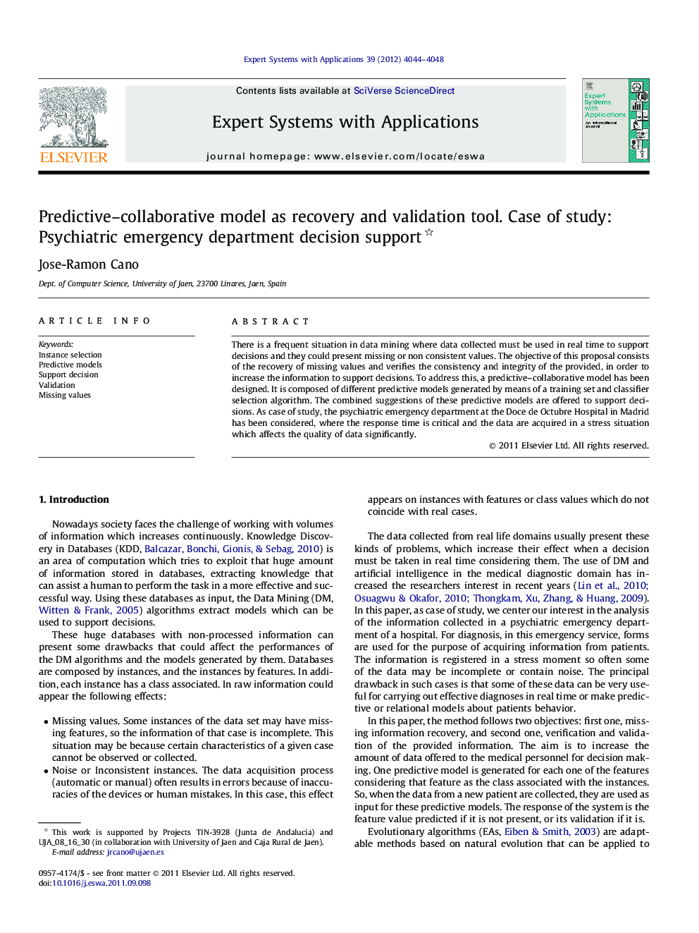 Predictive–collaborative model as recovery and validation tool. Case of study: Psychiatric emergency department decision support 