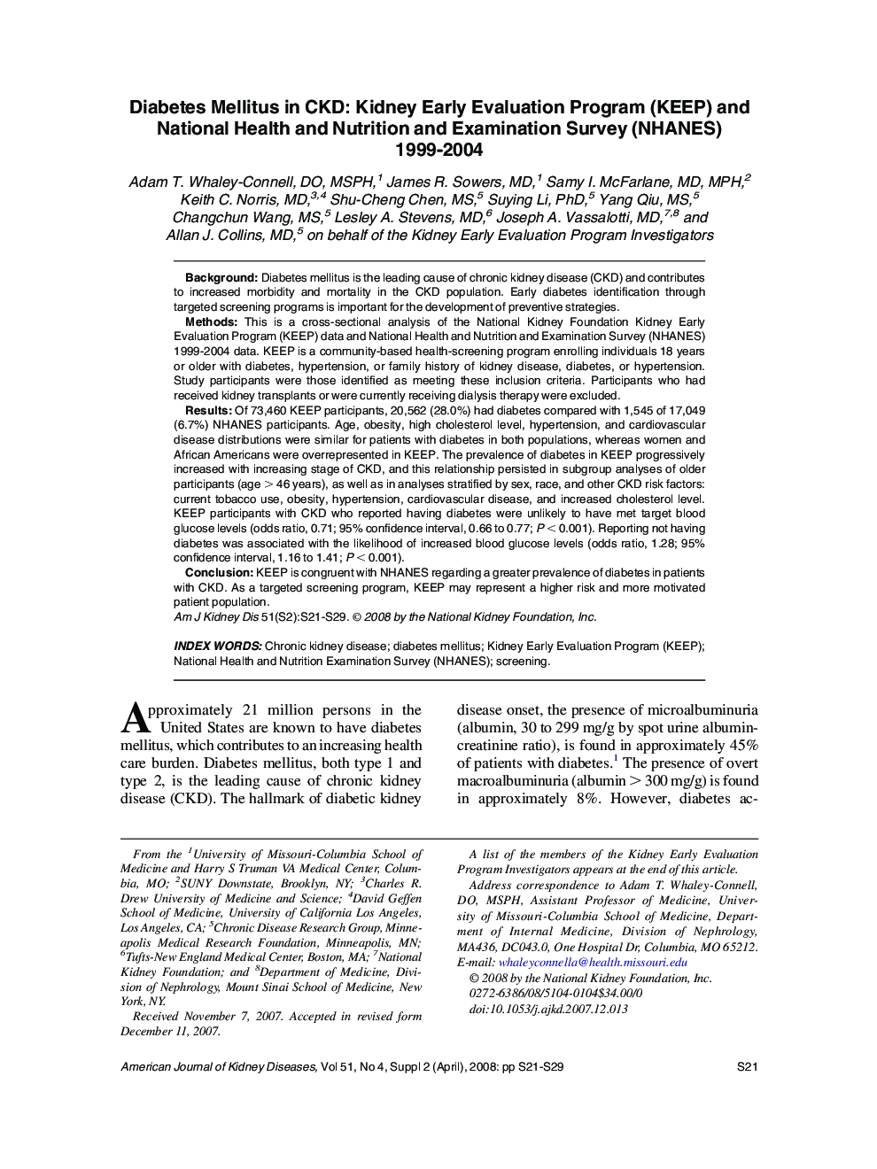 Diabetes Mellitus in CKD: Kidney Early Evaluation Program (KEEP) and National Health and Nutrition and Examination Survey (NHANES) 1999-2004