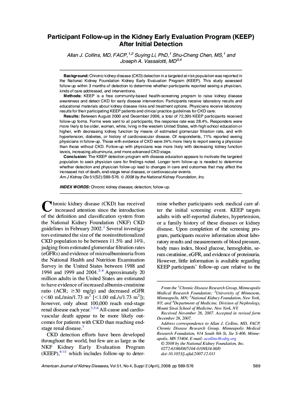 Participant Follow-up in the Kidney Early Evaluation Program (KEEP) After Initial Detection