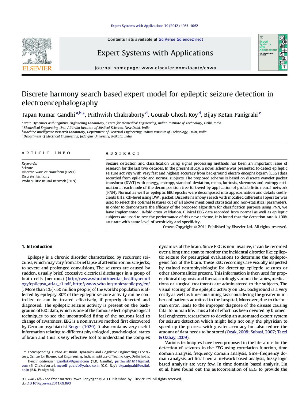 Discrete harmony search based expert model for epileptic seizure detection in electroencephalography