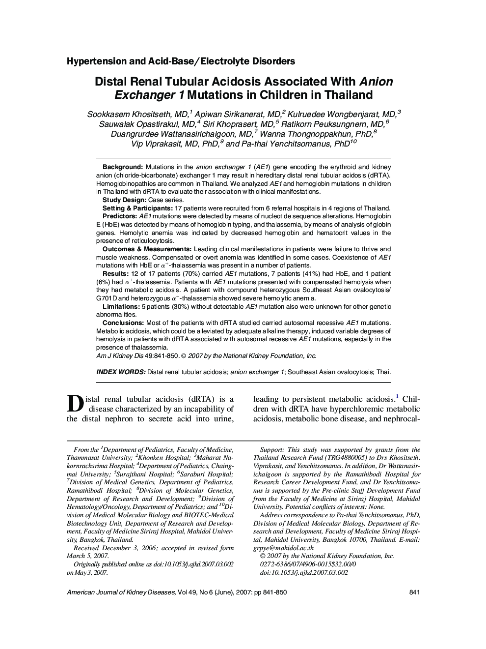 Distal Renal Tubular Acidosis Associated With Anion Exchanger 1 Mutations in Children in Thailand