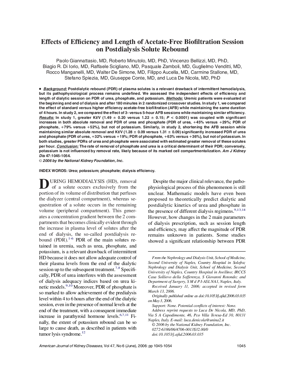 Effects of Efficiency and Length of Acetate-Free Biofiltration Session on Postdialysis Solute Rebound