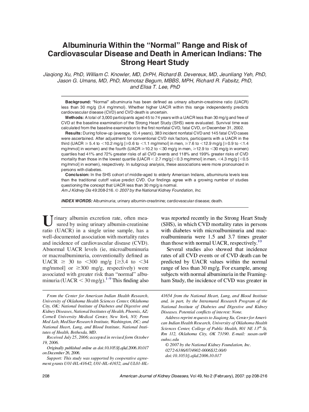 Albuminuria Within the “Normal” Range and Risk of Cardiovascular Disease and Death in American Indians: The Strong Heart Study