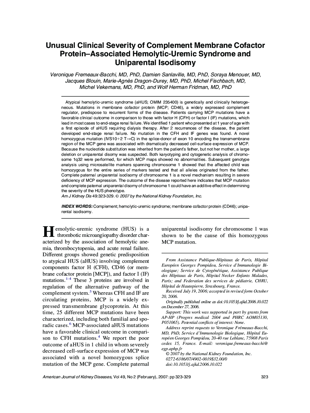 Unusual Clinical Severity of Complement Membrane Cofactor Protein-Associated Hemolytic-Uremic Syndrome and Uniparental Isodisomy