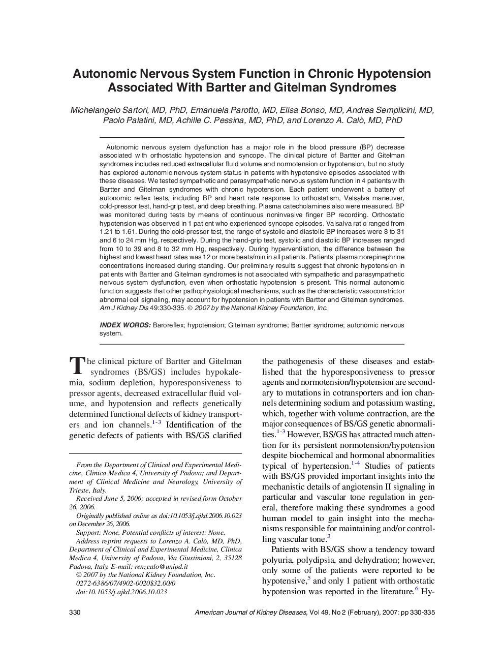 Autonomic Nervous System Function in Chronic Hypotension Associated With Bartter and Gitelman Syndromes