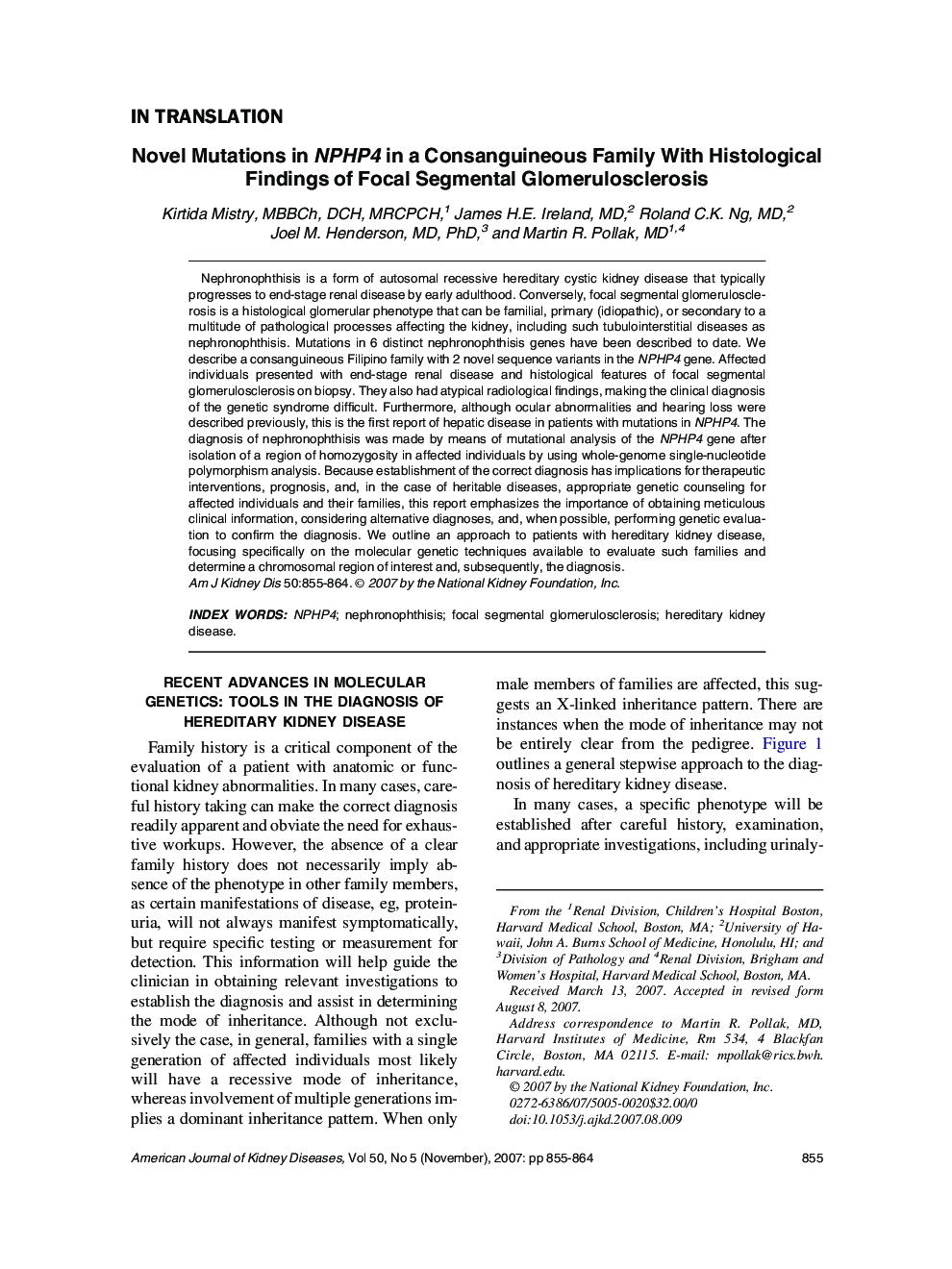 Novel Mutations in NPHP4 in a Consanguineous Family With Histological Findings of Focal Segmental Glomerulosclerosis